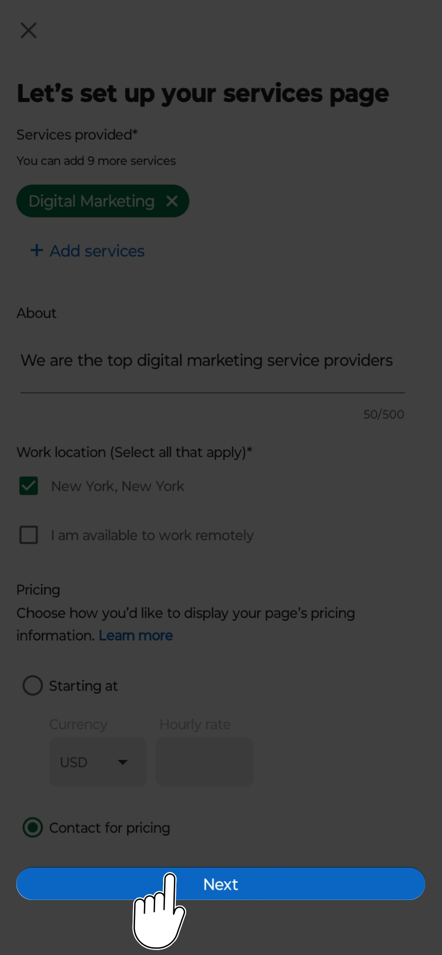 Next Button in LinkedIn While Creating a LinkedIn Service Page on Android Phone